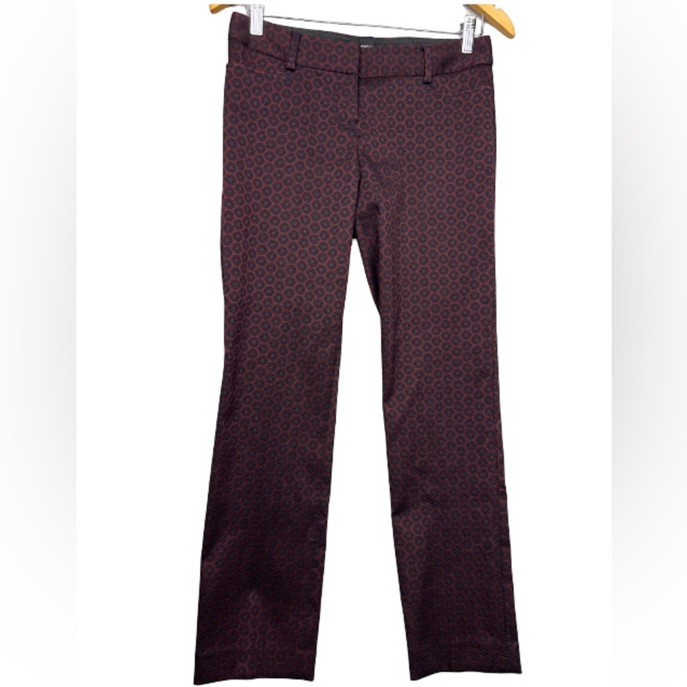 Express Columnist Straight Leg Pants, Wine/Burgundy, Blue Geometric Pattern, 00S